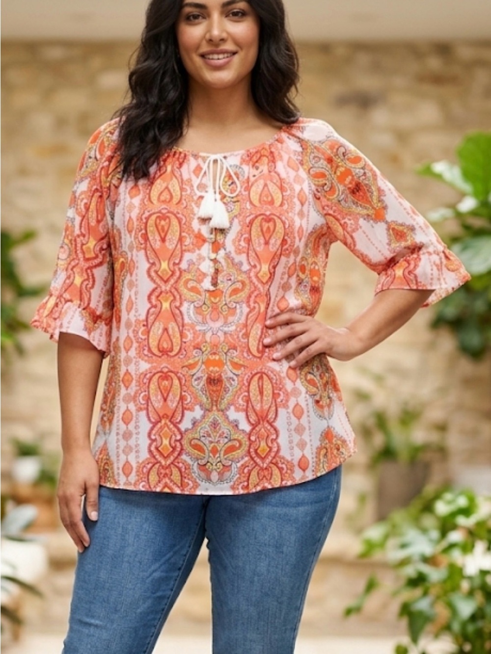 cooper & ella Orange Paisley Tie-Neck Peasant Blouse